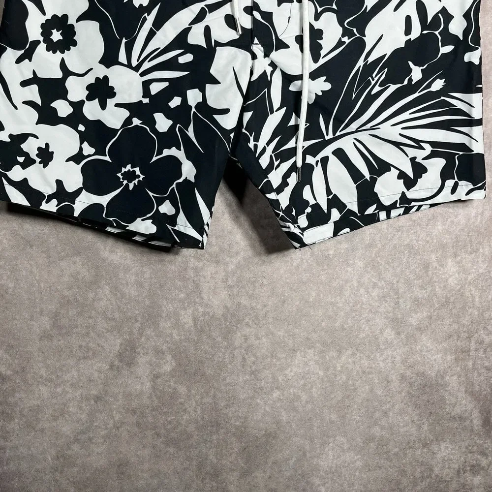 Bonobos‎ Swim Trunks Mens Size 35 Black White Floral Drawstring Lined Pockets